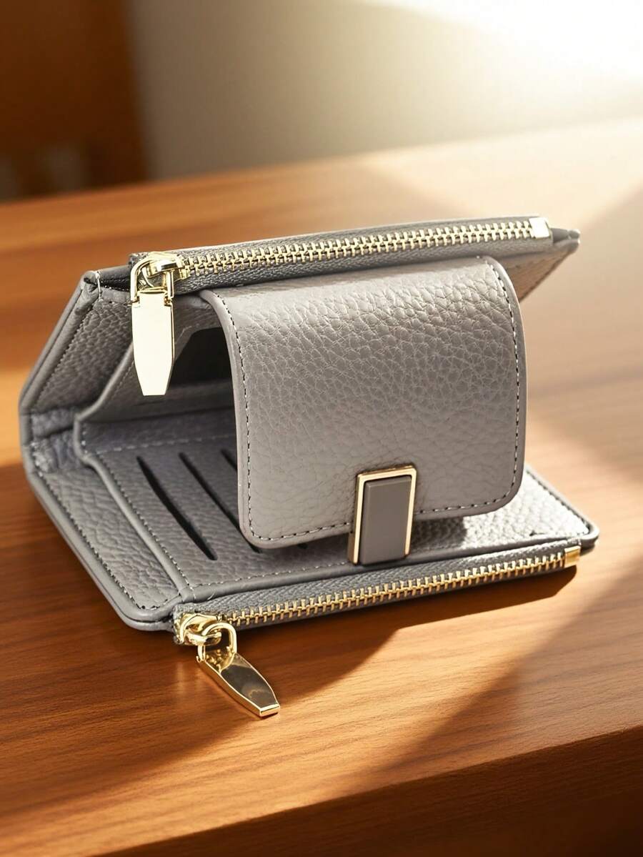 New Women's Snap Closure Short Wallet, Delicate Soft PU Dual-Layer Zipper Coin Purse Card Holder, Minimalist Fashionable Lightweight - Grey - View 1