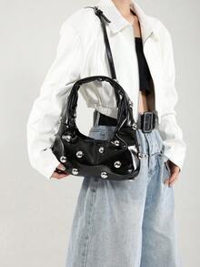 Black Vintage Babe Oversized Shoulder Bag For Women, Waxed Soft Leather, Rivet Decor, Crescent Shape, Handbag For Work, Casual, Travel, Crossbody - 黑色 - 查看 2