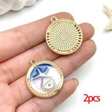 2/7 piezas Colgante redondo con estilo de playa, chapado en oro, con diseño de estrella de mar, concha y estilo retro francés en color azul océano para hacer collares, aretes y accesorios de llavero - Azul - Ver 9