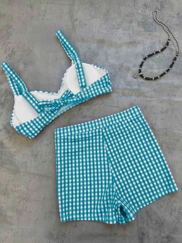 女士夏季度假泳装系列，复古格子宽肩带比基尼高腰短裤两件套，性感修身收腹，甜美少女风比基尼套装，时尚泳衣，适合海滩度假和拍照 - 藍色 - 查看 3