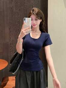 U-Neck Short Sleeve T-Shirt, Stretchy Slim Fit Solid Color All-Match Tee Casual Summer - Navy Blue - View 6