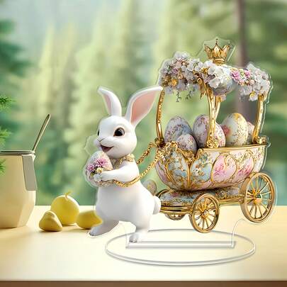 2D Flat Easter Bunny And Egg Car Design - Traditional Style Desktop Decor With Stand, Suitable For Office And Windowsill, Perfect Gift For Best Friends, Holiday Home Decor | Optimistic Design | Exquisite Craftsmanship, Suitable For 11 Holidays Including Christmas, Valentine's Day And Easter