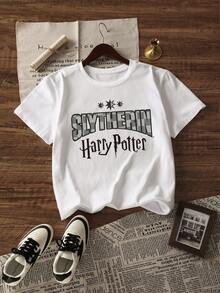 Whysmera SHEIN X Harry Potter Casual Short Sleeve T-Shirt, Cute Cartoon Characters & Hippogriff Print, Breathable, Retro Comic Style, Daily Wear, Summer - White - View 3