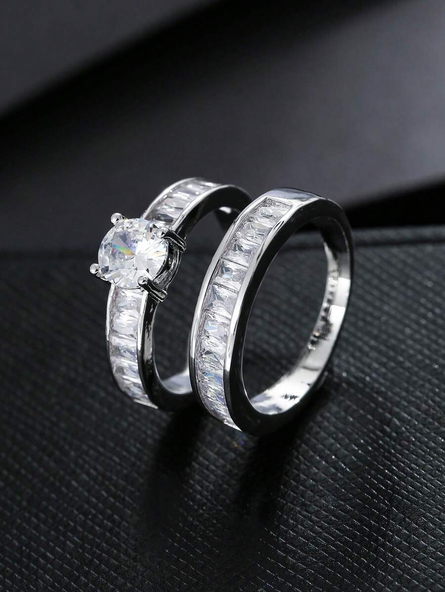 Set de 2 anillos de circonita cúbica, anillos apilables de moda adecuados para uso diario - Plateado - Ver 1