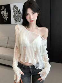New Arrival Spring/Summer Sweet Innocent Hollow-Out Ripped Knit Sweater, Unique & Gorgeous Top, - Milky White - View 3