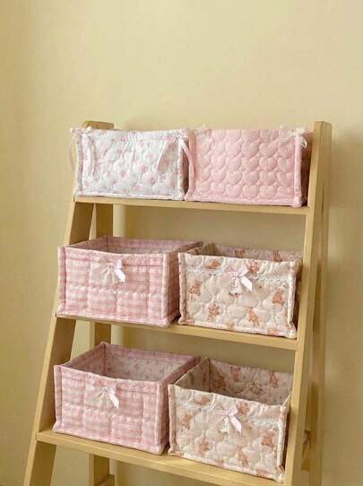 Joivida 1 pieza Cesta de almacenamiento con lazo 3D rosa y azul, organizador de escritorio para brochas de maquillaje y cuidado de la piel, cesta decorativa, cesta de picnic portátil, regalo para el Día de San Valentín/Vuelta al Colegio