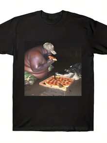 Camiseta de manga corta con estampado gráfico de pescado y pizza de Payeah Brothers para hombre - Negra, corte relajado, cuello redondo. Top ligero para todas las estaciones, para salidas informales y actividades al aire libre. Ropa de ocio. Estilo bohemio. Ajuste cómodo. Camisa estampada. Amantes del Humor - Negro - Ver 7