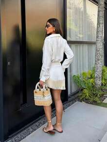 Women's Set: Long-Sleeved Shirt (Open Top) And Short Skirt With Fringe; Elegant Casual Beach Look, Summer Fashion. - 白色 - 查看 2