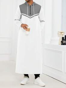 Kamisweat Muslim Men's Long Hooded Sweatshirt With Black And White Color Blocking, Featuring A Zipper On The Front Chest And Pockets On Both Sides. The Hem Has A Slit And Is Suitable For Both Vacation And Travel. The Fabric Is Thick And Comfortable For Daily Wear - trắng - Xem 3