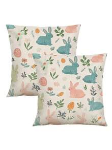 2个复活节兔子印花枕套，简约素描风格，隐形拉链，可水洗，无填充物，适用于家居装饰、客厅、抱枕套、靠垫、沙发装饰、卧室装饰、沙发垫、靠垫套 - 彩色 - 查看 2