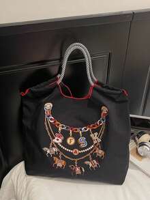 Embroidered Drawstring Bag, Vintage Letter Design, Student/Commuter Backpack - Black - View 7