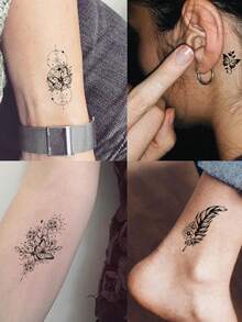 30张性感女士临时纹身贴纸，混合图案，包括黑色花卉、蝴蝶、羽毛、捕梦网和月亮设计，防水人体彩绘纹身，适用于手腕、锁骨、大腿等部位 - 非常适合派对妆容，可持续2-5天 - 黑色 - 查看 2