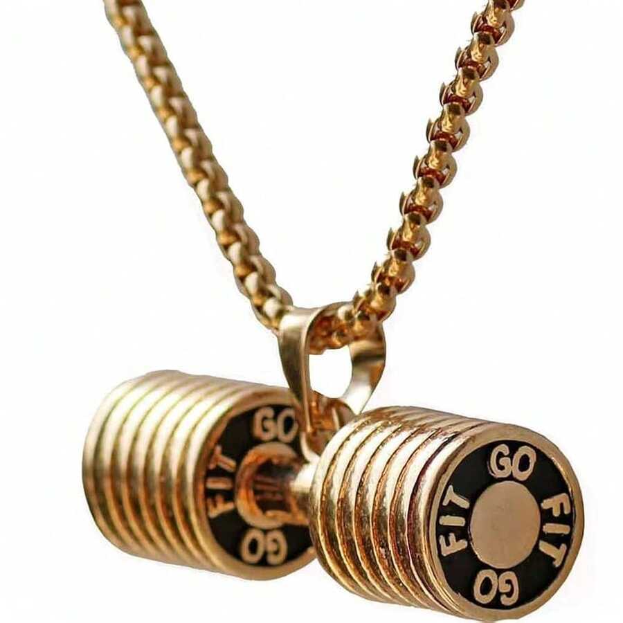 JAJAFOOK Men's Stainless Steel Fitness Gym Dumbbell Weight Lifters Barbell Chain Pendant Necklace - Vàng - Xem 1