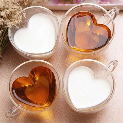 1-2-4-6pcs/Set 80ml & 200ml Double-Layer Heart-Shaped Glass Cups With Handles, Reusable For Tea Bags, Espresso, Cappuccino, Unique Wedding, Mother's Day, Teacher's Day Gifts