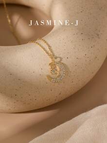 1pc 925 Sterling Silver Necklace, Moon & Star Pendant Necklace With Diamond Pendant, Featuring A Cross Chain. The Perfect Gift For Her. - Multicolor - View 12