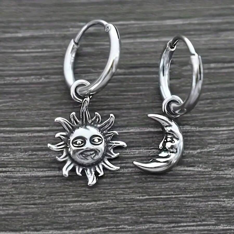 Creative Sun And Moon Pendant Earrings For Women, Asymmetrical Distressed Face Earrings - 銀色 - 查看 1