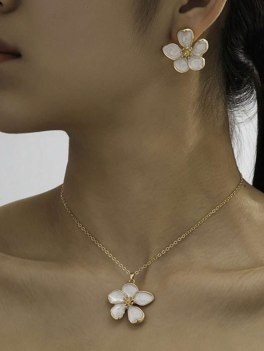 1 Set Spring/Summer New Sweet Elegant White Enamel Asymmetrical Five-Petal Flower Pendant Necklace & Matching Earrings Jewelry Set For Women - White - View 1