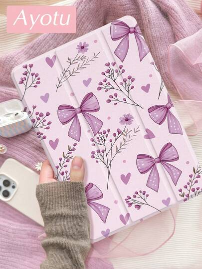 1 Pc Purple Bow Floral Prints Tablet Case & Kindle E-Book Case Compatible With 10th Generation, 10.2/Mini6/Mini7/9.7 Inches, Compatible With Samsung Galaxy Tab A9 Plus, Kindle (11th Generation-2024 Release)(6 Inch), Kindle Paperwhite 12th Gen 2024, Great Holiday Gift, Stylish And Simple Pattern.