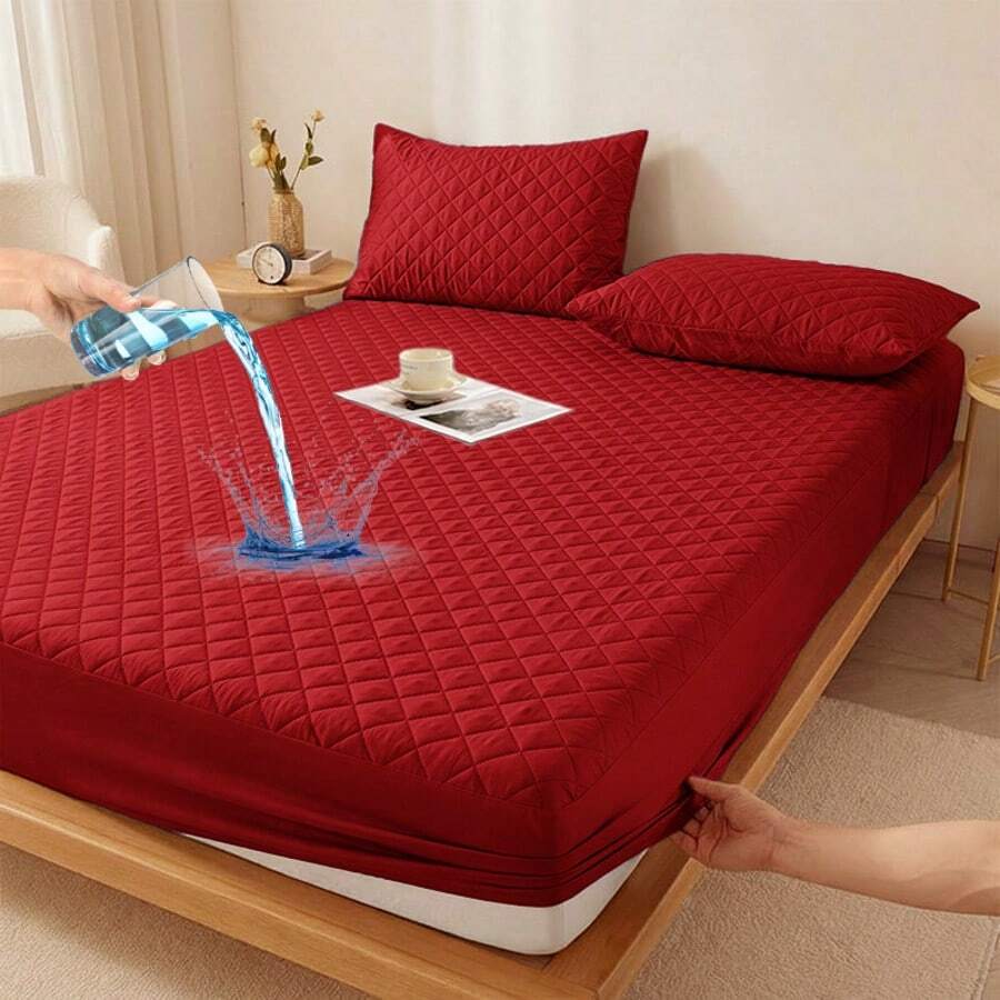 AVXLRQ Warm Waterproof Mattress Protector, Non-Slip Thickened Solid Color Quilted Bed Cover With, Deep Pocket (Soft & Comfortable), Can Be Used As A Separate Bedspread, Ideal For Bedroom, Guest Room And Hotel Mattress Protection, Optional With Pillowcase - 紅色 - 查看 1