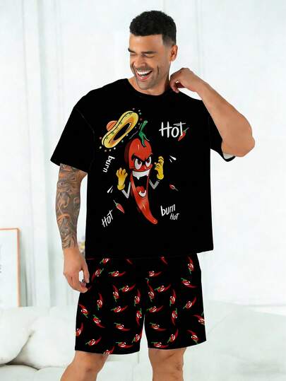 Plus Size Men's Pajama Set | Round Neck Short Sleeve Top And Elastic Waist Casual Shorts 2 Piece Set | Polyester Knit Fabric Soft And Breathable Loose Fit | Funny Spicy Pepper Series Print Casual Design