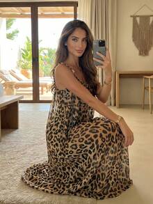 2026夏季新款法式优雅渐变宽松中长沙滩连衣裙，女士专属旅行风吊带连衣裙，适合度假派对 - 棕色 - 查看 6