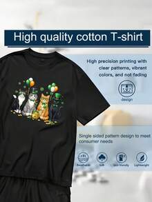 Men's T-Shirt, Women's T-Shirt,  St Patrick's Day Themed Designs Featuring,  Four Cats Wearing Green Hats And Bow Ties Standing With Balloons Shamrocks And A Pot Of Gold On A Black Shirt Background Comfortable And Versatile Outdoor Casual Short Sleeve - Negro - Ver 6