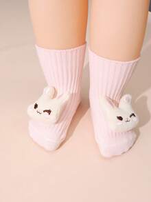 2 Pairs Baby Cute Cartoon Solid & Striped Mid-Calf Socks, Anti-Slip Sole, Versatile Baby Socks, Suitable For Daily Wear - Multicolor - View 8