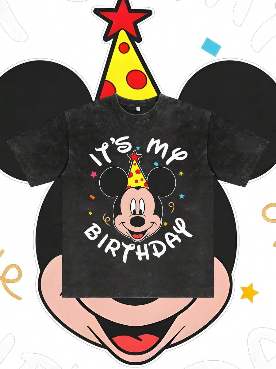 Disney, Disney Mickey Mouse; Short-Sleeved Men's Summer T-Shirt, Distressed Effect, One-Piece Design, Pure Cotton Fabric, Comfortable And Breathable, Casual Outdoor Street Style, Crew Neck; A High-Quality Fashion Brand, It Is An Ideal Surprise Gift For Family And Friends. - 黑色 - 查看 1