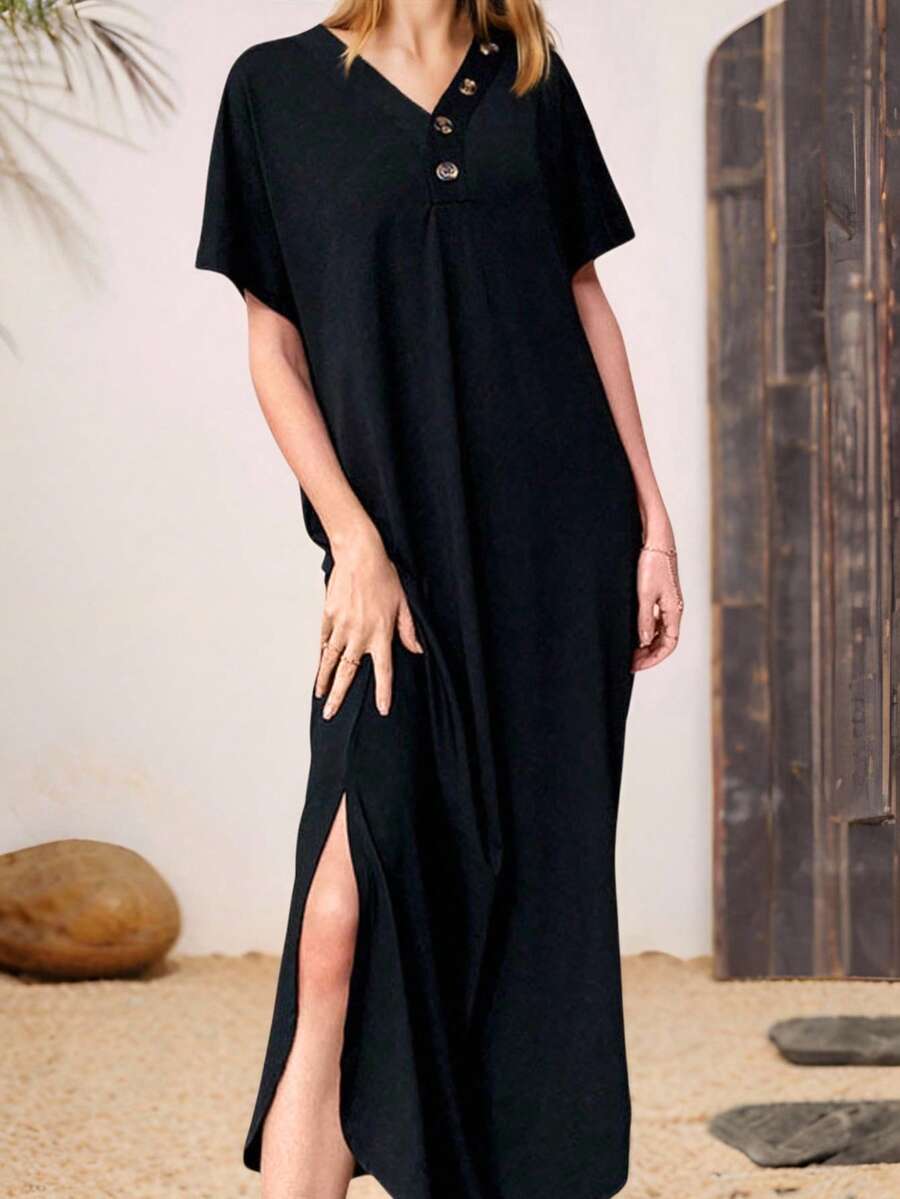Plus Size Women V-Neck Long Split Hem Work Dress Black Summer Elegant - Black - View 1