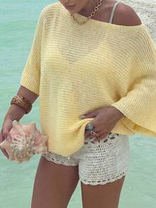 Live To Mo Y2K 夏季奶油黄单肩休闲针织上衣，不规则沙滩罩衫，度假和外出完美之选 - 黃色 - 查看 6