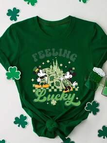 Disney Women's T-Shirt Featuring St. Patrick's Day-Themed Mickey Mouse And Friends Cartoon Print. Spring/Summer Women's Crew Neck T-Shirt Crafted From Soft, Comfortable Fabric. A Stylish Disney Women's Graphic Tee Perfect For Everyday Wear, Outings, Travel, And Leisure-Also Makes An Exquisite Gift. - 綠色 - 查看 1