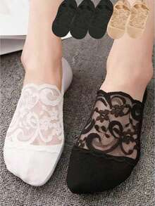 5 Pairs Women's Lace Invisible Transparent Low Cut Ankle Socks, Black Non-Slip Boat Socks, Summer, Christmas Gift - Multicolor - View 1