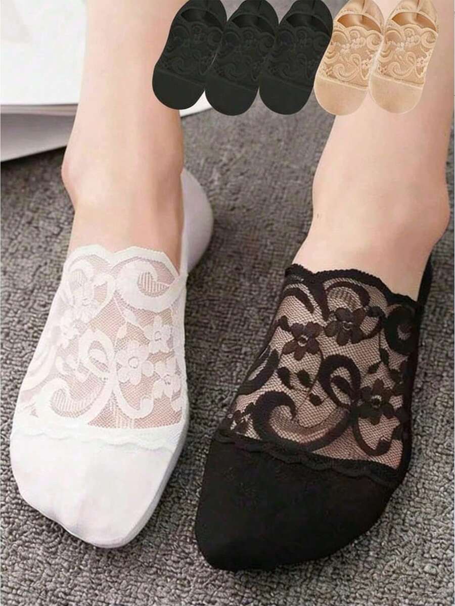 5 Pairs Women's Lace Invisible Transparent Low Cut Ankle Socks, Black Non-Slip Boat Socks, Summer, Christmas Gift - Multicolor - View 1