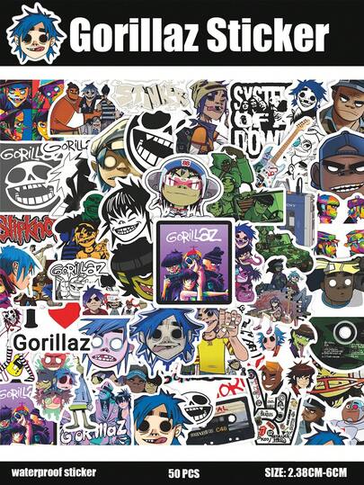 50张虚拟乐队卡通人物涂鸦贴纸，可用于剪贴簿、水瓶、笔记本电脑、自行车、摩托车、文具、滑板车、家具、冰箱、手机、杯子、头盔、汽车等，适合作为礼物送给朋友、家人和粉丝。