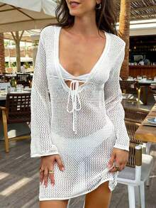 女士新款白色钩针镂空露背系带长袖迷你针织连衣裙，时尚优雅性感沙滩派对泳装罩衫，春夏款 - 白色 - 查看 3