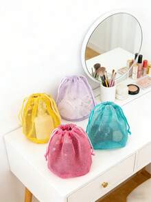 1pc Lightweight Breathable Drawstring Cosmetic Bag, Large Capacity Makeup Organizer Box, Portable Cotton Soft Towel Toiletry Travel Pouch, Multi-Functional Drainage Breathable Drawstring Bag - Multicolor - View 5