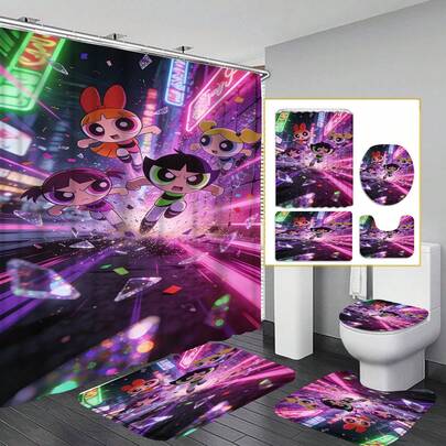 可爱“糖果小姐”卡通防水浴帘四件套，带挂钩，色彩鲜艳，适合儿童、女孩和成人使用，可水洗耐用面料，家用浴室适用。