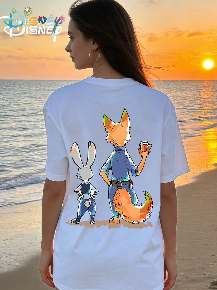 Disney Summer Fashion Single-Sided Printed Nick Wilde Round Neck Women's Loose Short Sleeved Shirt - trắng - Xem 1