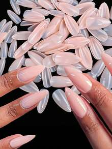 120pcs/Box Almond-Shaped Nude Color Press-On Nail Stickers, Acrylic Shallow Pink Full Coverage Glossy False Nails, Suitable For Spring & Summer Daily Wear - Apricot - View 2