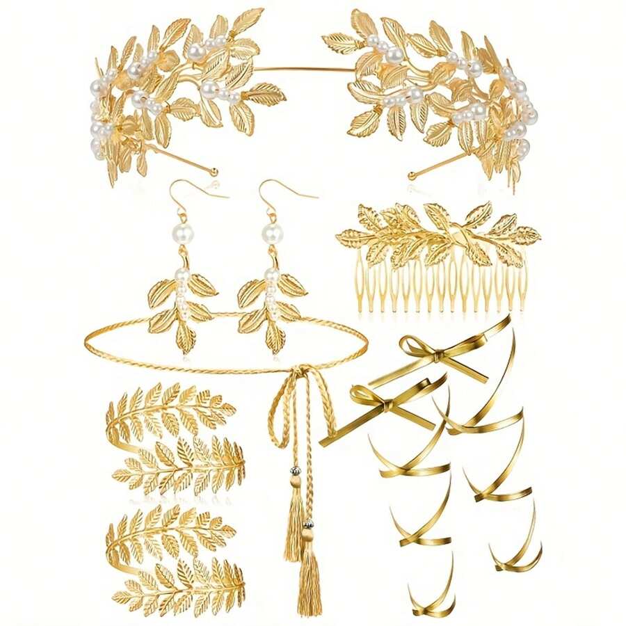 8件套希腊女神服饰配饰套装，包括树叶皇冠头饰、臂环、耳环，适合日常佩戴、角色扮演和节日派对，是馈赠佳品。 - 彩色 - 查看 1
