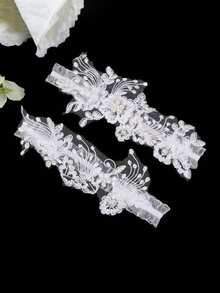 2件套 时尚宫廷风白色蕾丝蓝色仿珍珠花朵浪漫婚礼新娘伴娘性感吊袜带，配身体链和腿链（图案随机）情人节礼物 - 白色 - 查看 5