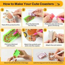 新款DIY钻石画，8件套闪亮水晶杯垫，卡通设计，适合客厅和卧室——完美礼物之选 - 查看 8