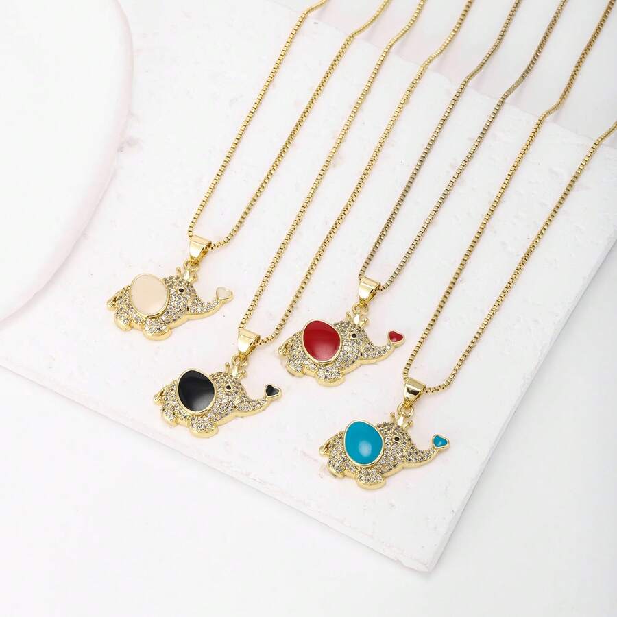 1件彩色锆石18K镀金铜大象吊坠项链，奢华简约珠宝，女士礼物 - 吊墜項鍊 - 查看 1