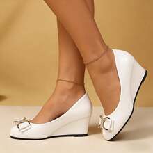 Women's Wedge Platform Shoes, Women's High Heels, Synthetic Leather Patent Leather Upper, Bow Embellishment Design, Thick Wedge Heel, Lightweight Slip-On, Suitable For Everyday Wear, Formal Occasions, And Dates. - 白色 - 查看 6