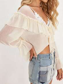 Blusa de manga larga para mujer con lazo frontal, corte holgado informal, elegante, color liso, transparente, con volantes y escote en V, ideal para primavera/verano. - Albaricoque - Ver 9
