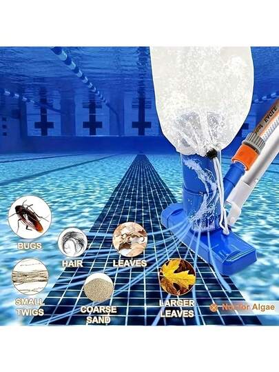 Pool Vacuum Cleaner With Pool Surface Landing Net 2026 Pool Maintenance Kit Portable Vacuum Cleaner With Rod 150cm For Pond, Fountain Compact Portable Pool Vacuum Jet Cleaner, Bag & Rod - Lightweight Underwater Swimming Pool Maintenance Kit With Gauge Pipe Connector Portable Pool Vacuum Jet: Underwater Cleaner With Brush Bag, Handheld, Mini Jet Vacuum For Swimming Pools - American Gauge Pipe Connector, Blue Pool Vacuum Cleaning Tool Swimming Pool Cleaner Set Cleaner Brush For Hot Spring Outdoor