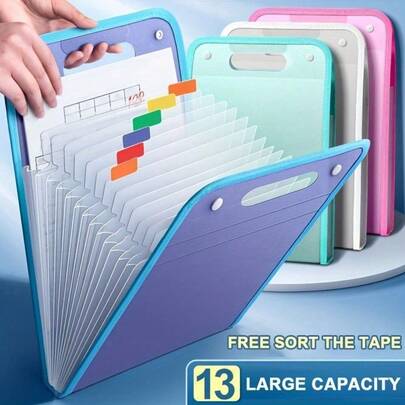1pc Portable File Storage Bag, Large Capacity 13-Tier Vertical File Bag, Durable PP Material A4 Document Storage Organizer, Expanding File Folder Art Supplies, Large Capacity File Paper Organizer