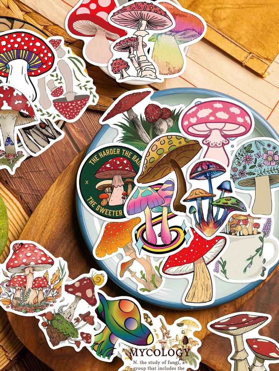 50 Stücke bunte Cartoon Fantasy Pilz Aufkleber mit lustigen Mustern, perfekt für Gitarren, Skateboards, Umschläge, Partys, Notizbücher, Koffer, Urlaubsgeschenk Dekorationen - Bastel Aufkleber - Verschiedenfarbig - Übersicht 1