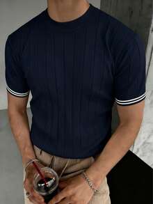 GRDR Men's Vertical Striped Knit Short Sleeve - Fashionable Versatile Casual T-Shirt - Navy Blue - View 2