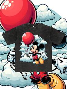 Disney, Disney Mickey Mouse; Short-Sleeved Men's Summer T-Shirt, Distressed Effect, One-Piece Design, Pure Cotton Fabric, Comfortable And Breathable, Casual Outdoor Street Style, Crew Neck; A High-Quality Fashion Brand, It Is An Ideal Surprise Gift For Family And Friends. - 黑色 - 查看 1
